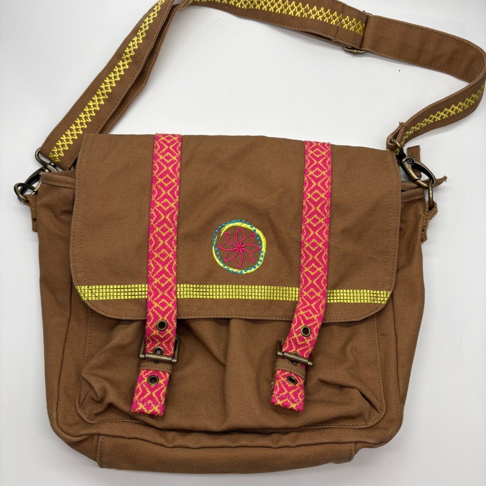 American Girl Brown Pink Canvas Messenger Bag Boho Embroidered Crossbody Satchel